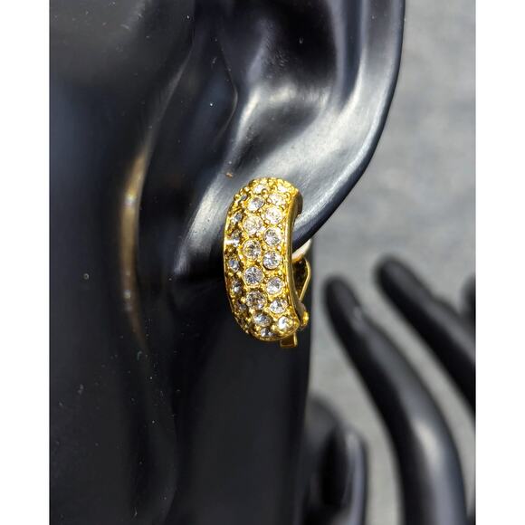 Swarovski Earrings, Signed, Gold-Tone, Pave Crystals, Half Hoop Clip-on - Picture 1 of 5